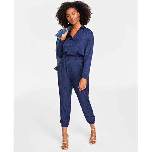 On 34th Womens Size XL Satin Animal-Print Jacquard Jumpsuit in Intrepid Blue $79 - Picture 2 of 8